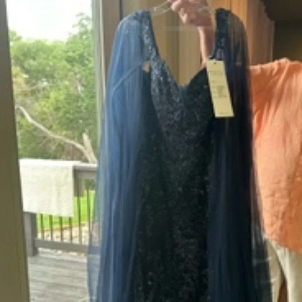 NWT Montage by Mon Cheri M2204 Beaded Applique Prom Dress Navy Size 14 - Picture 6 of 8